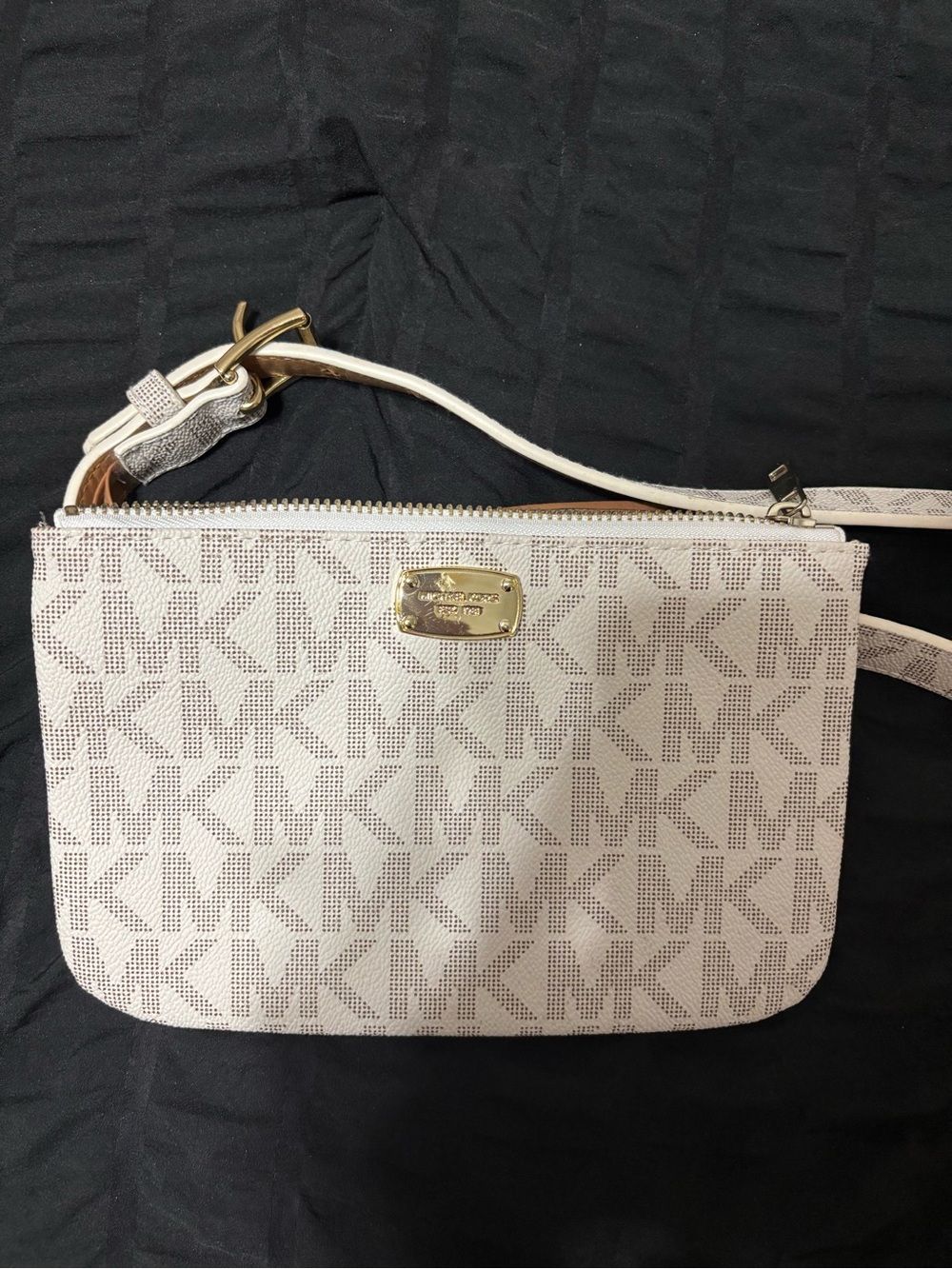 Michael Kors White Logo-Print Wristlet with Gold Plate
